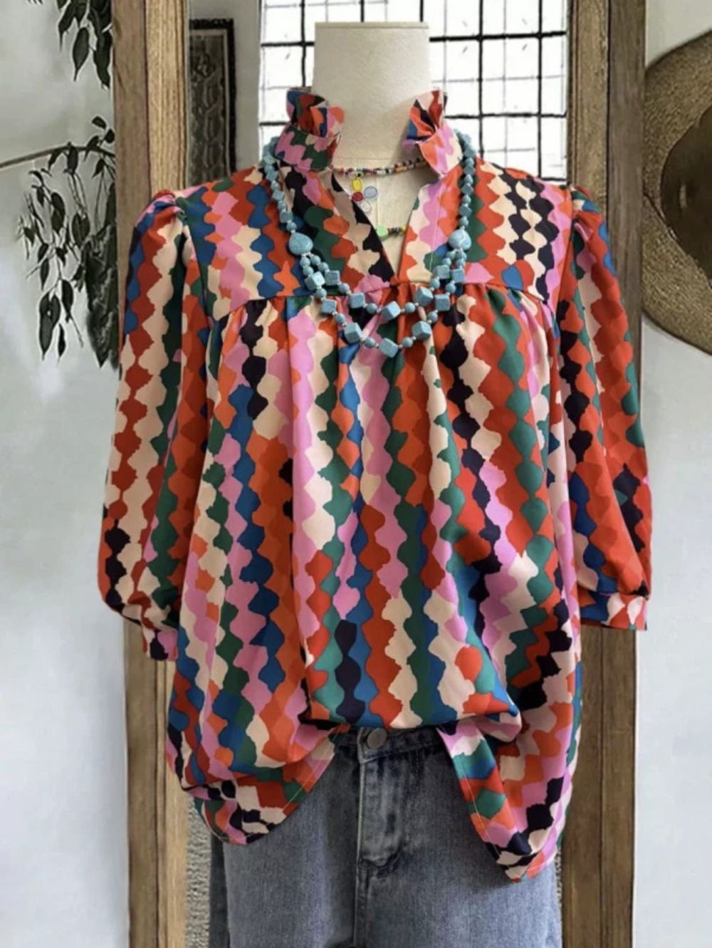 ZARA Printed Loose Ruffle Mid Sleeve Blouse